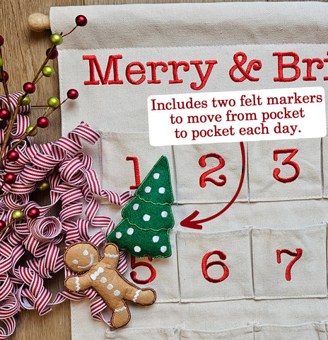 Canvas Merry & Bright Christmas Advent Countdown Calendar Wall Hanging for Families and Kids with Felt Markers by Pockets of Learning