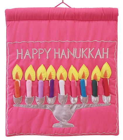 Pink Happy Hanukkah Menorah Jewish Wall Hanging