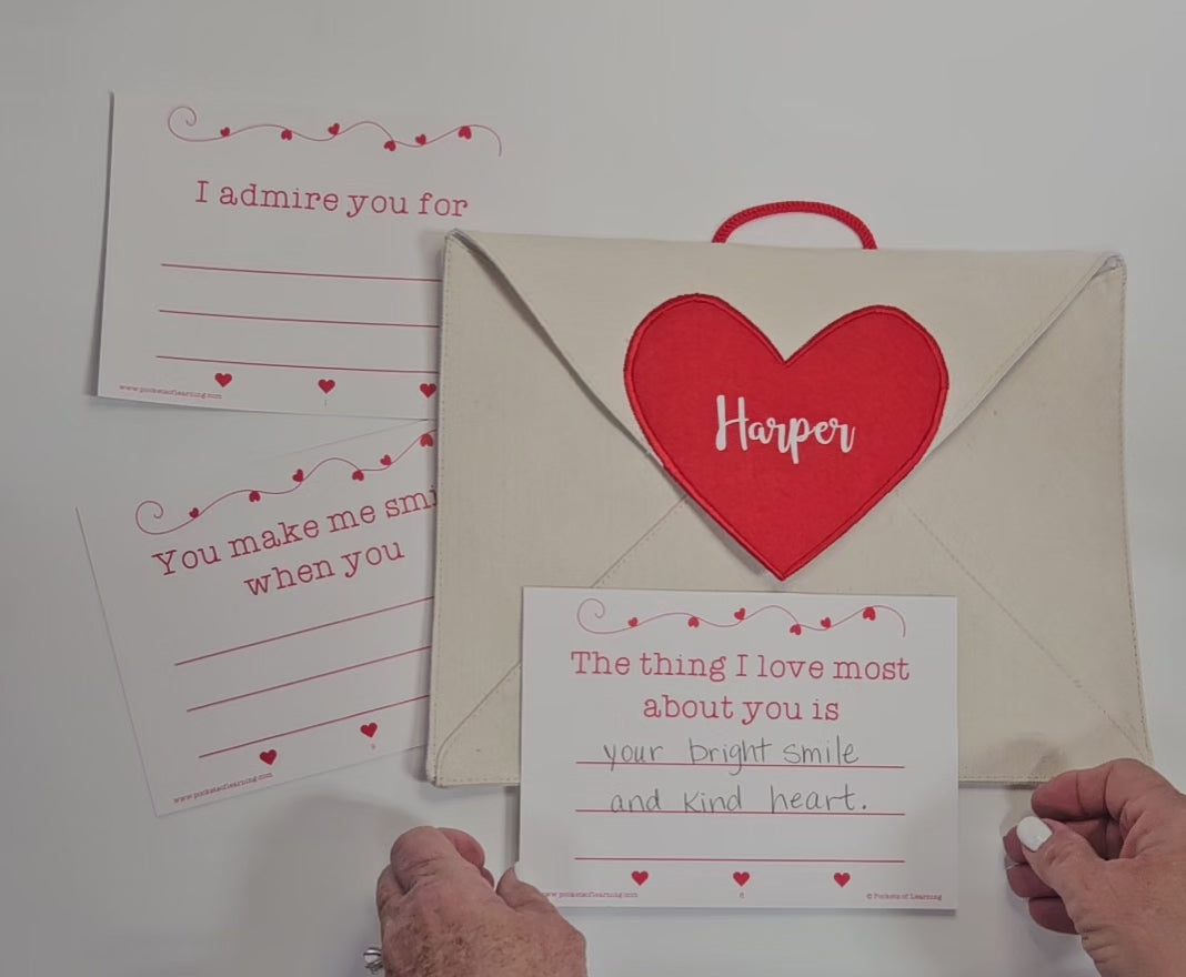 Personalized Valentine Heart Canvas Envelope w/ 14 Love Note Cards with hanging loop for mantle, chair, or door