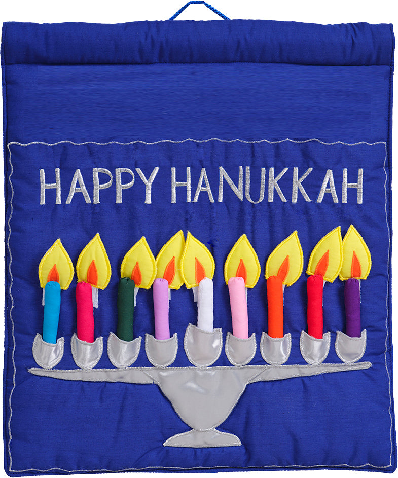 Blue Happy Hanukkah Menorah Jewish Wall Hanging