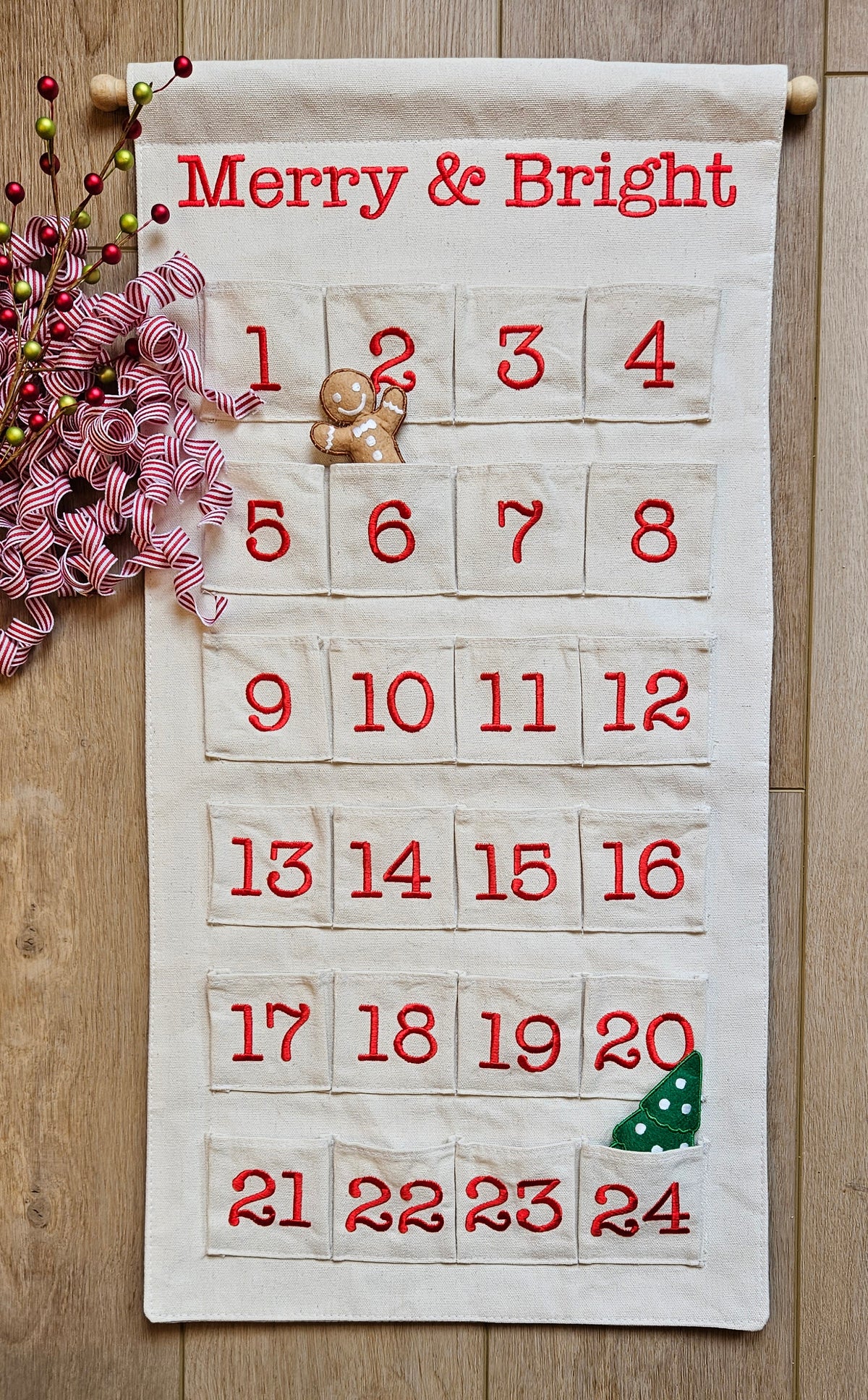 Canvas Merry & Bright Christmas Advent Countdown Calendar Wall Hanging for Families and Kids with Felt Markers by Pockets of Learning