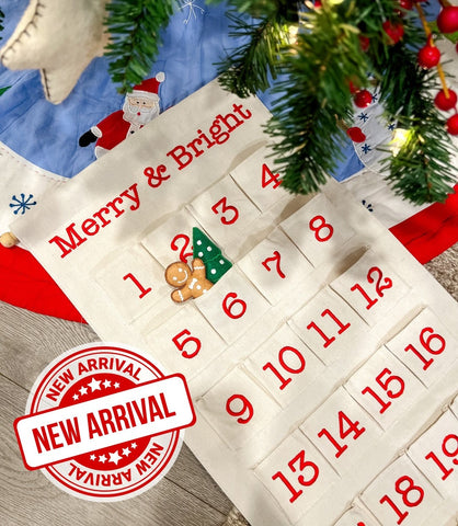 Canvas Merry & Bright Christmas Advent Countdown Calendar Wall Hanging for Families and Kids with Felt Markers by Pockets of Learning