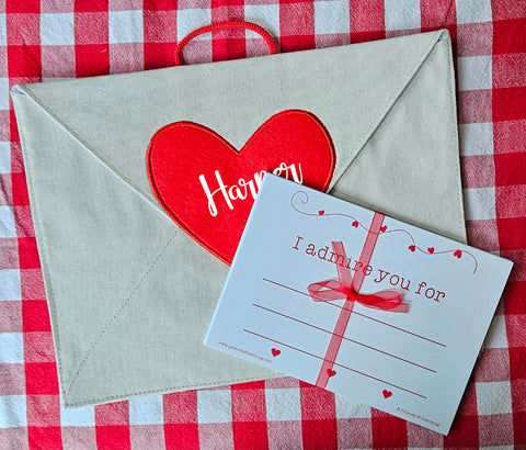 Personalized Valentine Heart Canvas Envelope w/ 14 Love Note Cards with hanging loop for mantle, chair, or door